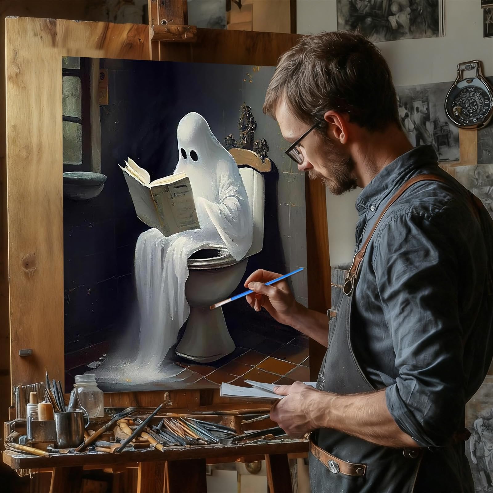Artist painting a ghost reading a book on a toilet in a bathroom scene on an easel