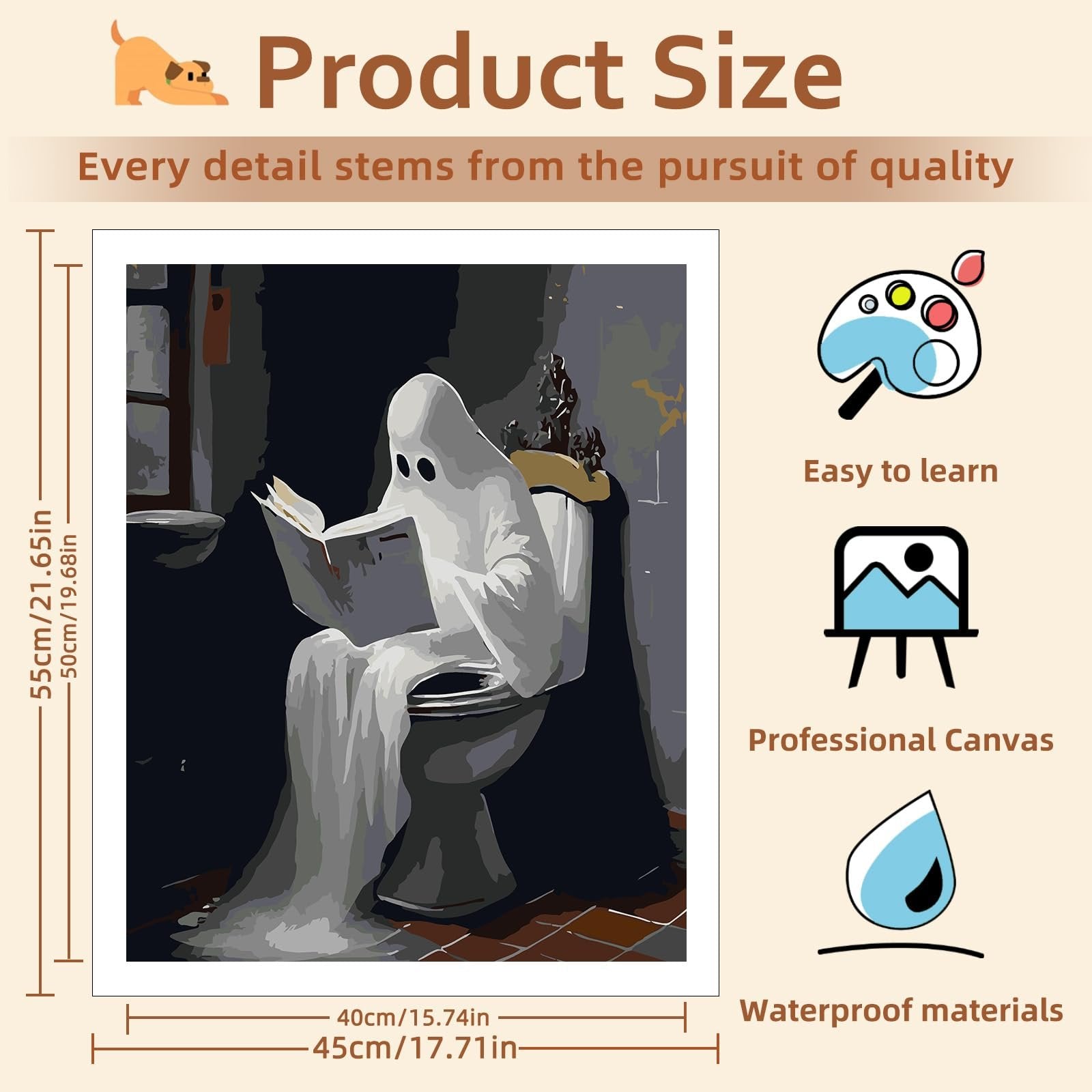 Paint by numbers kit showing a ghost sitting on a toilet reading a book, with size dimensions and feature callouts.