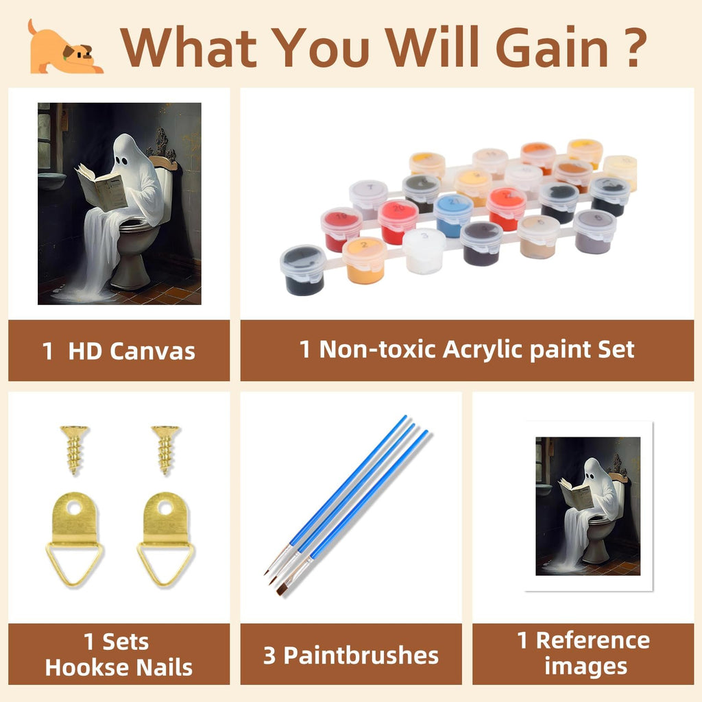 Paint by numbers kit contents: canvas, acrylic paints, hooks, brushes, and reference image. Ghost reading on toilet art.