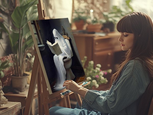 Woman painting a ghost reading a book on a toilet on an easel in a studio setting