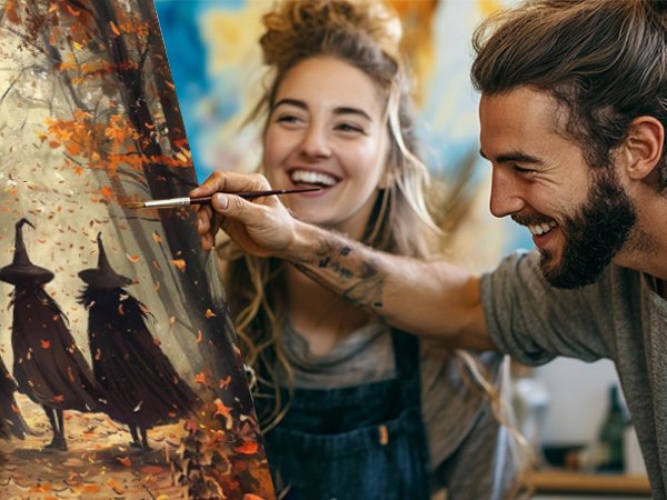 Couple painting a picture of three figures in witch hats in an autumn forest scene