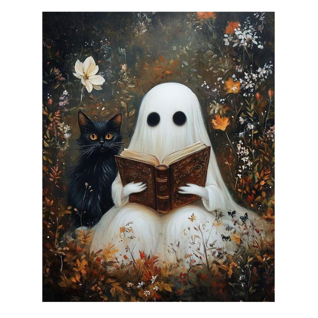 Ghost reading a book with a black cat beside it in a garden setting
