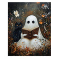 Ghost reading a book with a black cat beside it in a garden setting