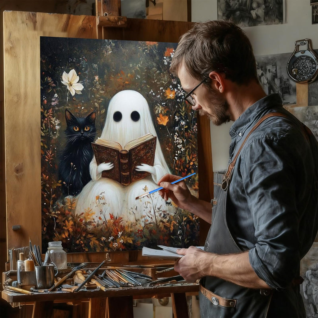Artist painting a ghost and black cat reading a book on an easel, surrounded by foliage