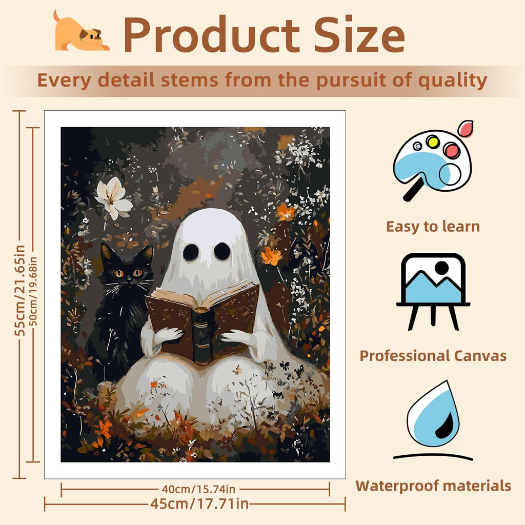 Paint by numbers kit featuring a ghost reading a book with a black cat beside it, with size dimensions and feature callouts.