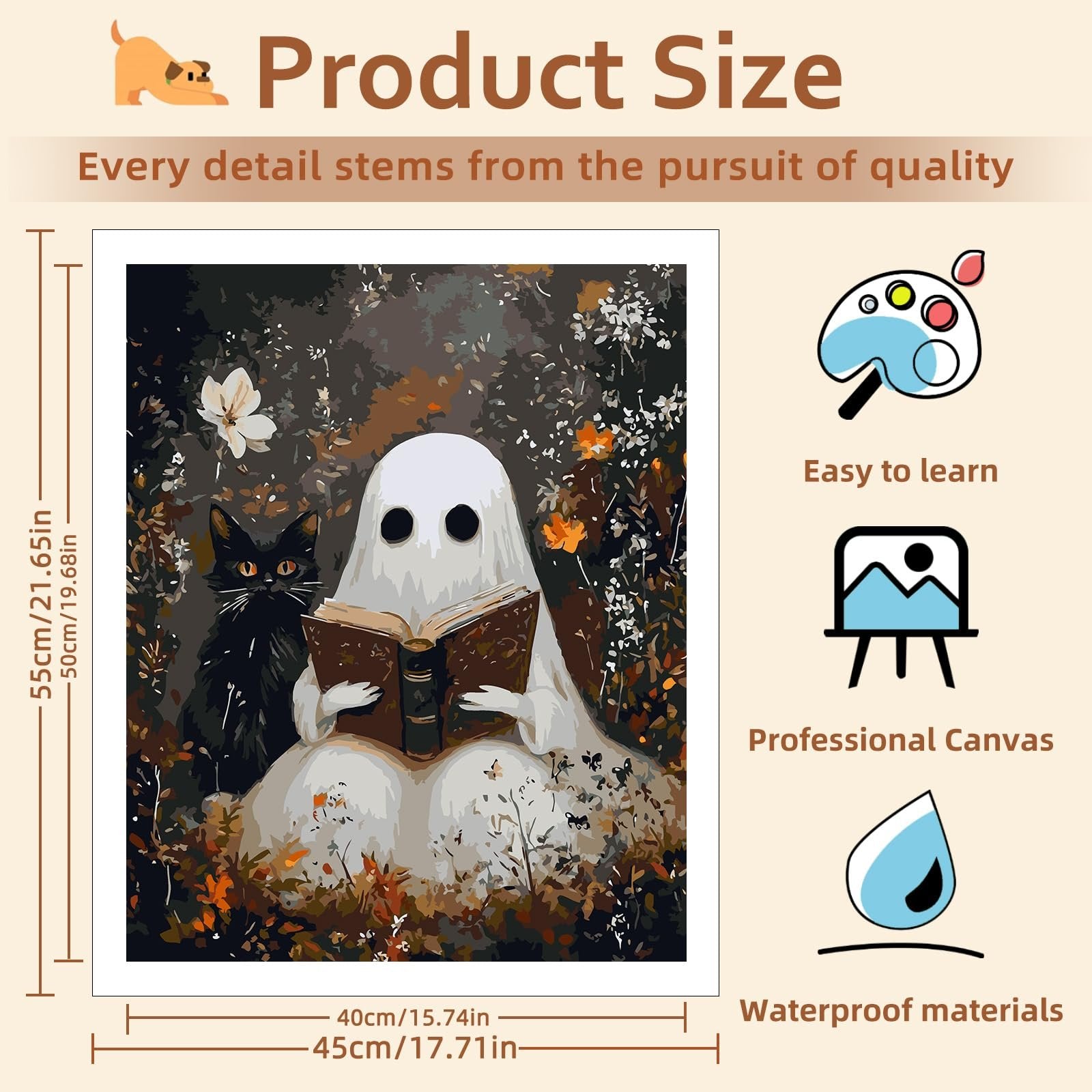 Paint by numbers kit featuring a ghost reading a book with a black cat beside it, with size dimensions and feature callouts.