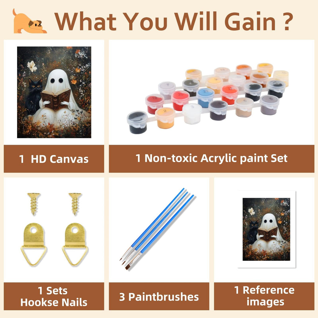Paint by numbers kit contents: canvas, acrylic paints, brushes, hooks, and reference image of ghost reading book.
