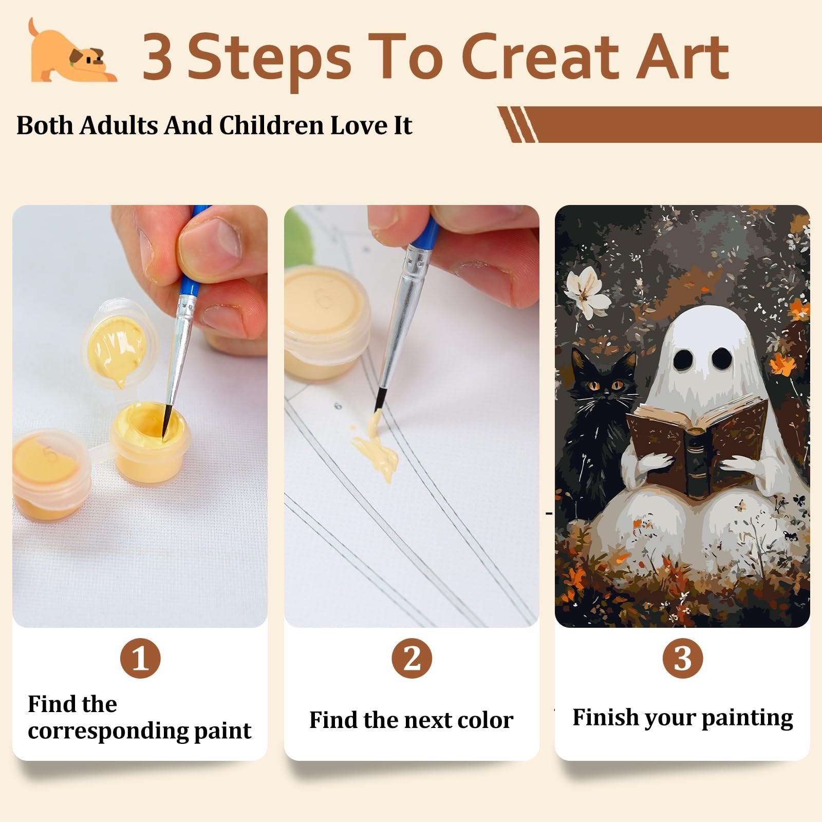 Paint by numbers kit showing 3 steps: finding paint, finding next color, and finishing painting. Includes a ghost reading a book with a black cat.