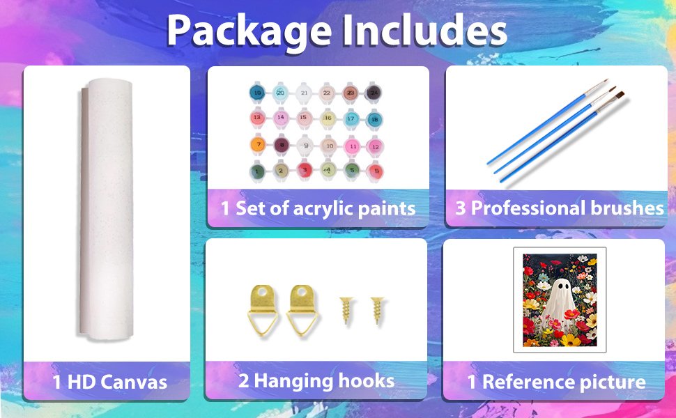 Paint by numbers kit contents: HD canvas, acrylic paints, brushes, hanging hooks, and reference picture.