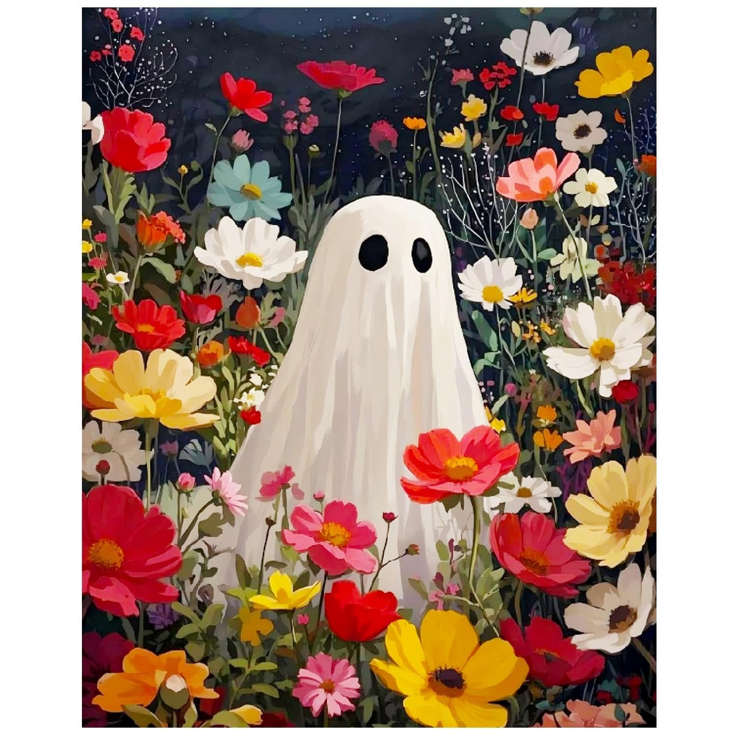 A white ghost with black eyes stands in a field of colorful flowers under a dark, starry sky.