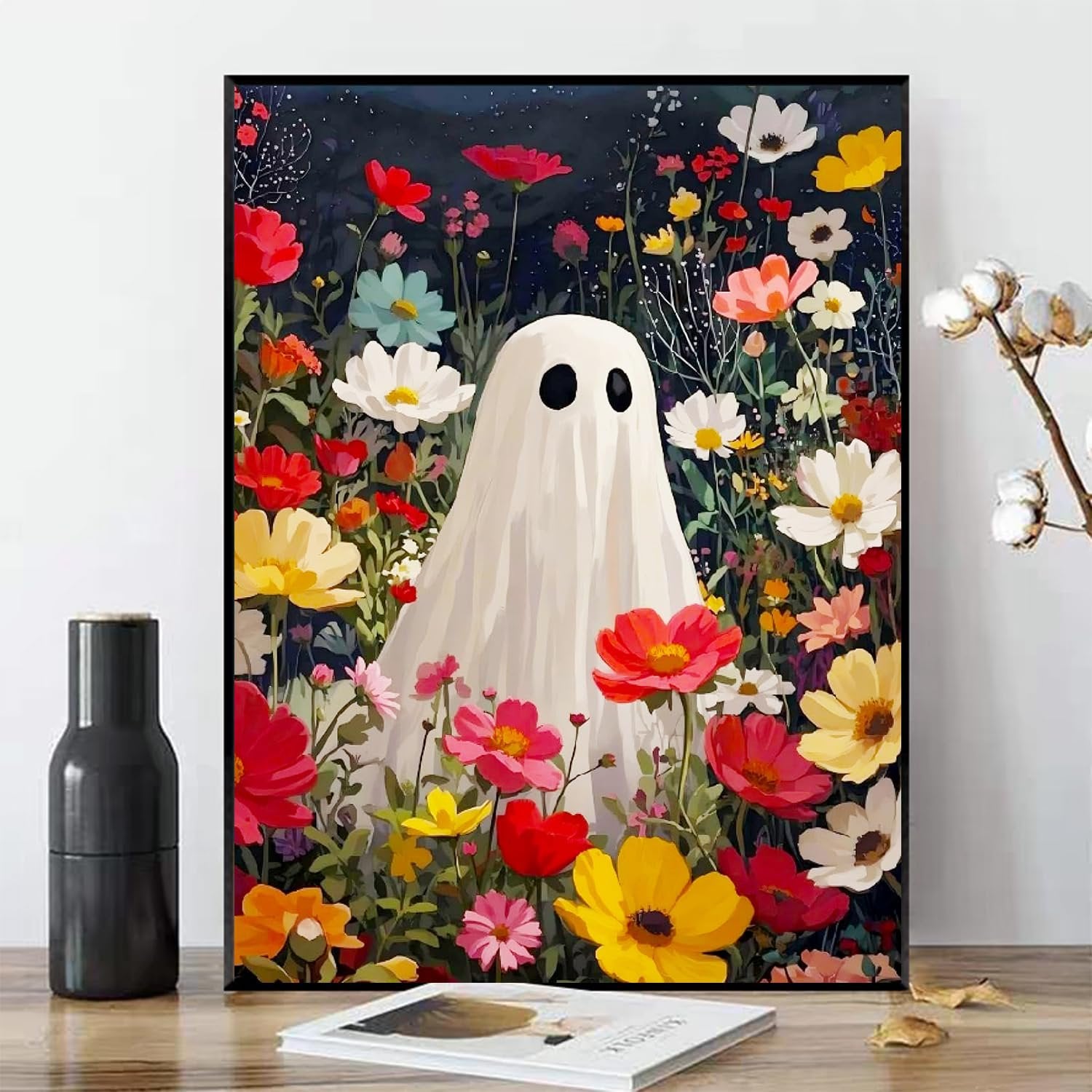 Halloween ghost painting with colorful flowers, 16x20 inches, beginner-friendly DIY art project