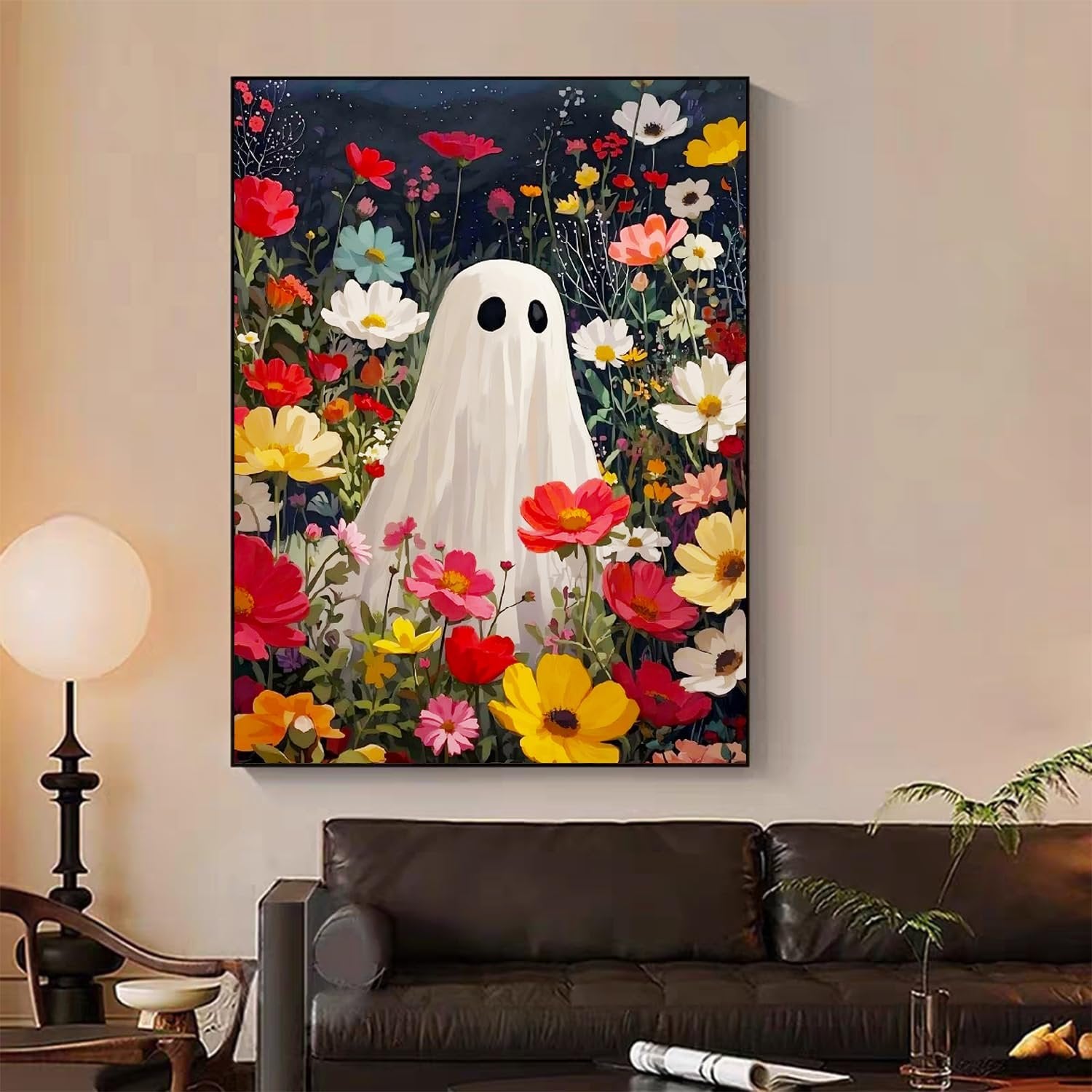 16x20 inch Halloween ghost painting kit artwork featuring a white ghost figure surrounded by colorful flowers in a dark setting.