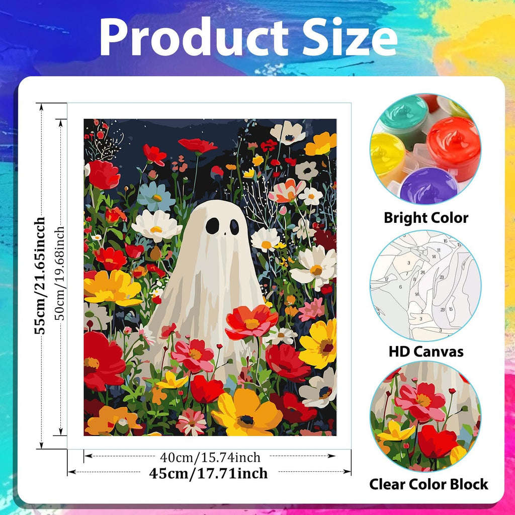 Paint by numbers kit featuring a ghost in a field of flowers, with paint pots and canvas details shown.