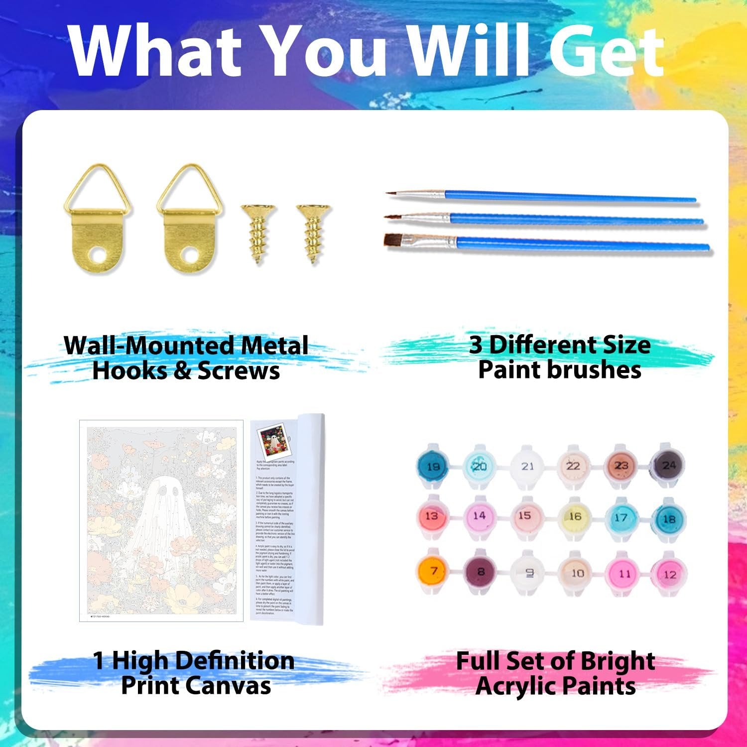 Paint by numbers kit contents: wall hooks, screws, paint brushes, canvas with ghost design, and acrylic paint pots.