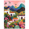 Colorful landscape painting of a village with cacti and mountains under a pink sky with birds flying.