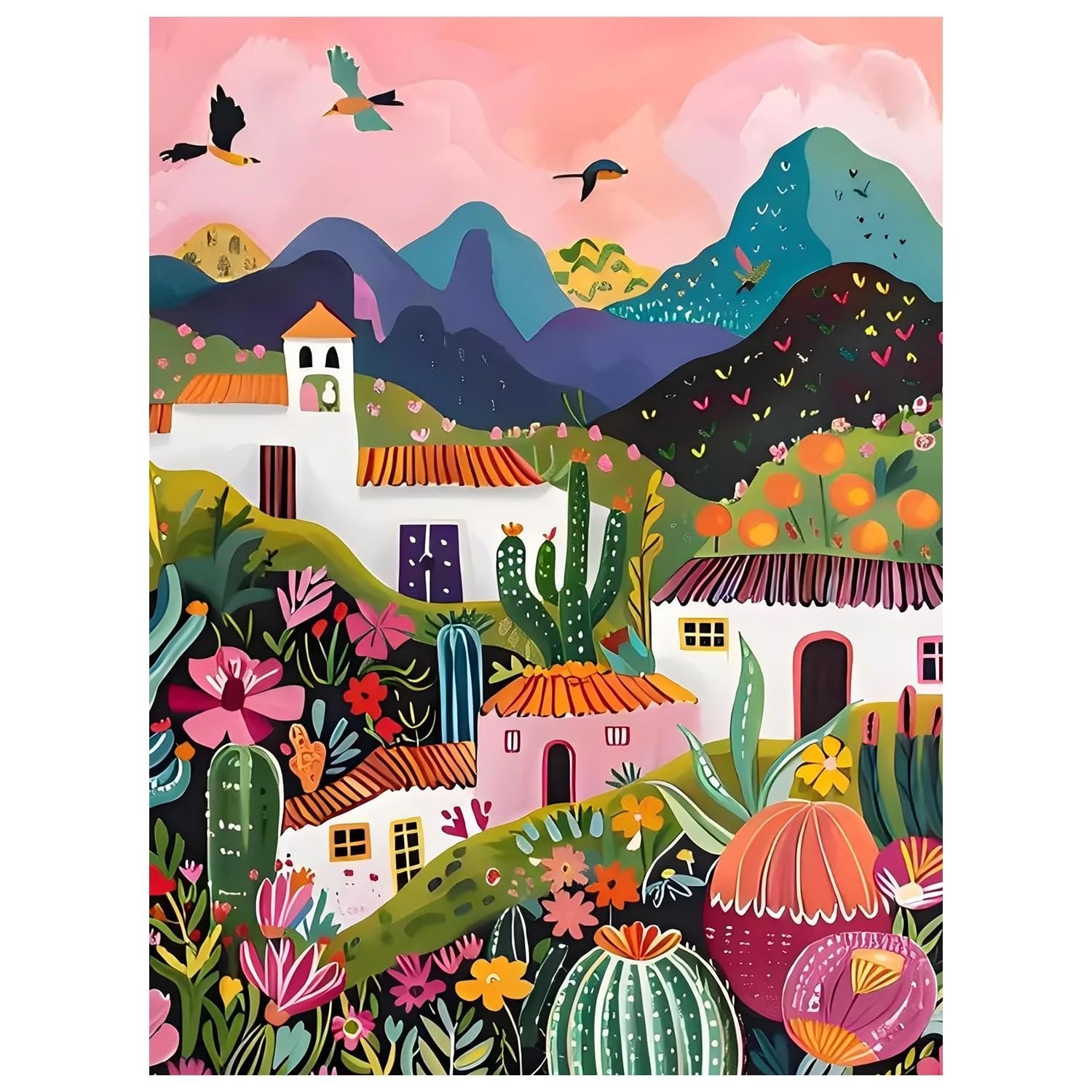Colorful landscape painting of a village with cacti and mountains under a pink sky with birds flying.