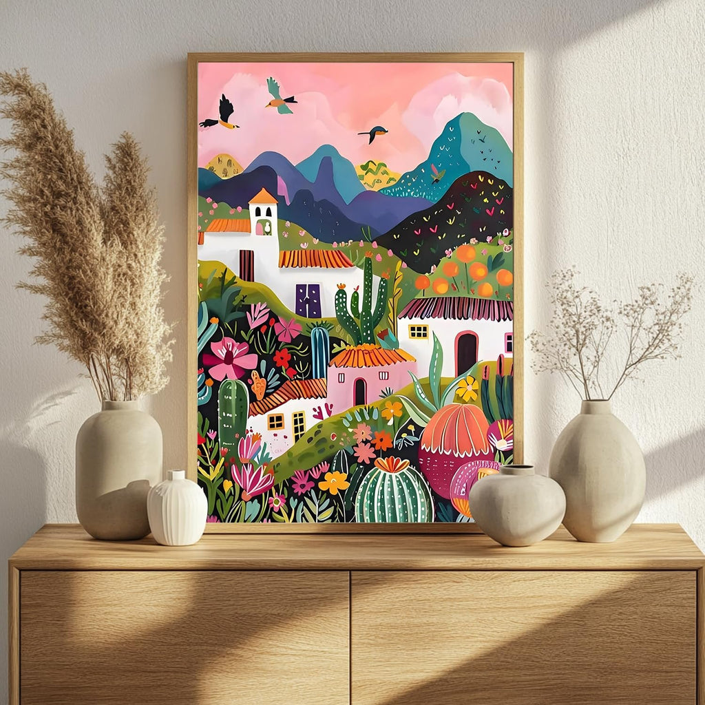 Framed colorful landscape painting of houses and cacti on a wooden dresser with vases.