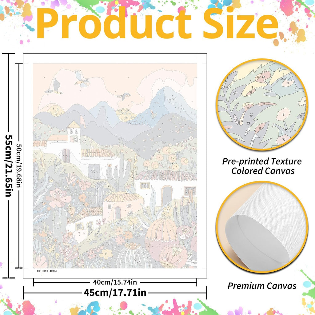 Paint by numbers kit canvas showing a desert landscape with cacti and buildings, with size dimensions indicated.