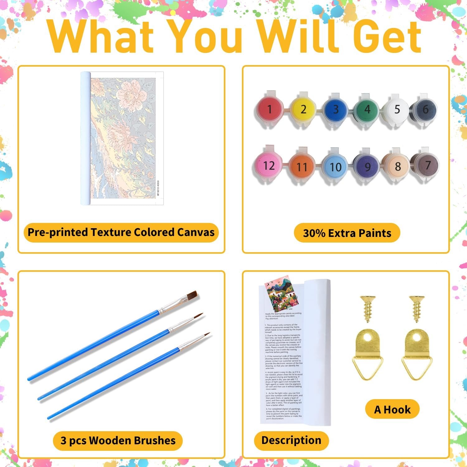 Paint by numbers kit contents: pre-printed canvas, numbered paint pots, brushes, description sheet, and hooks.