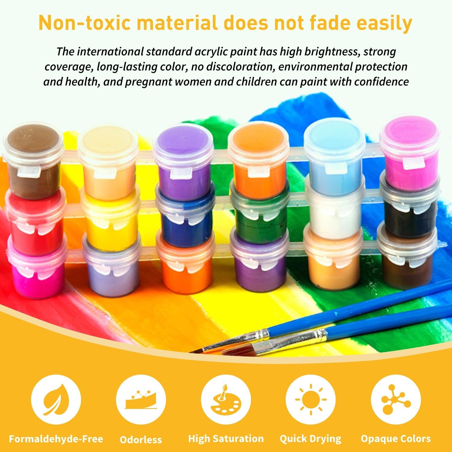 Paint by numbers kit acrylic paints in small containers with brushes and colorful background