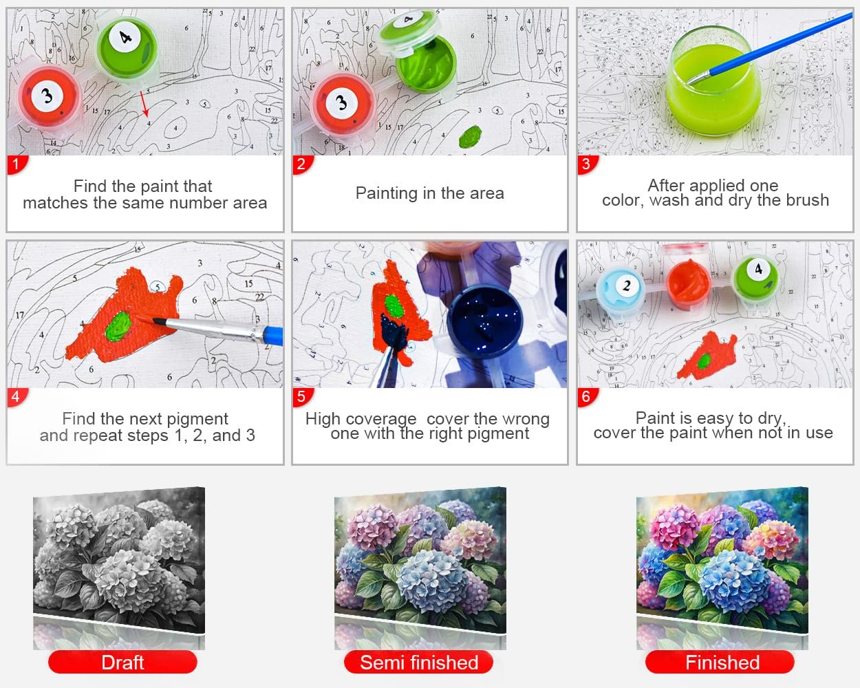 Paint by numbers kit instructions showing steps 1-6 and draft, semi-finished, and finished artwork of hydrangeas.