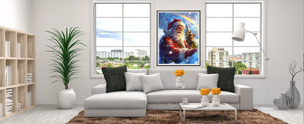 Living room scene with a framed painting of Santa Claus and a reindeer hanging above a sofa.