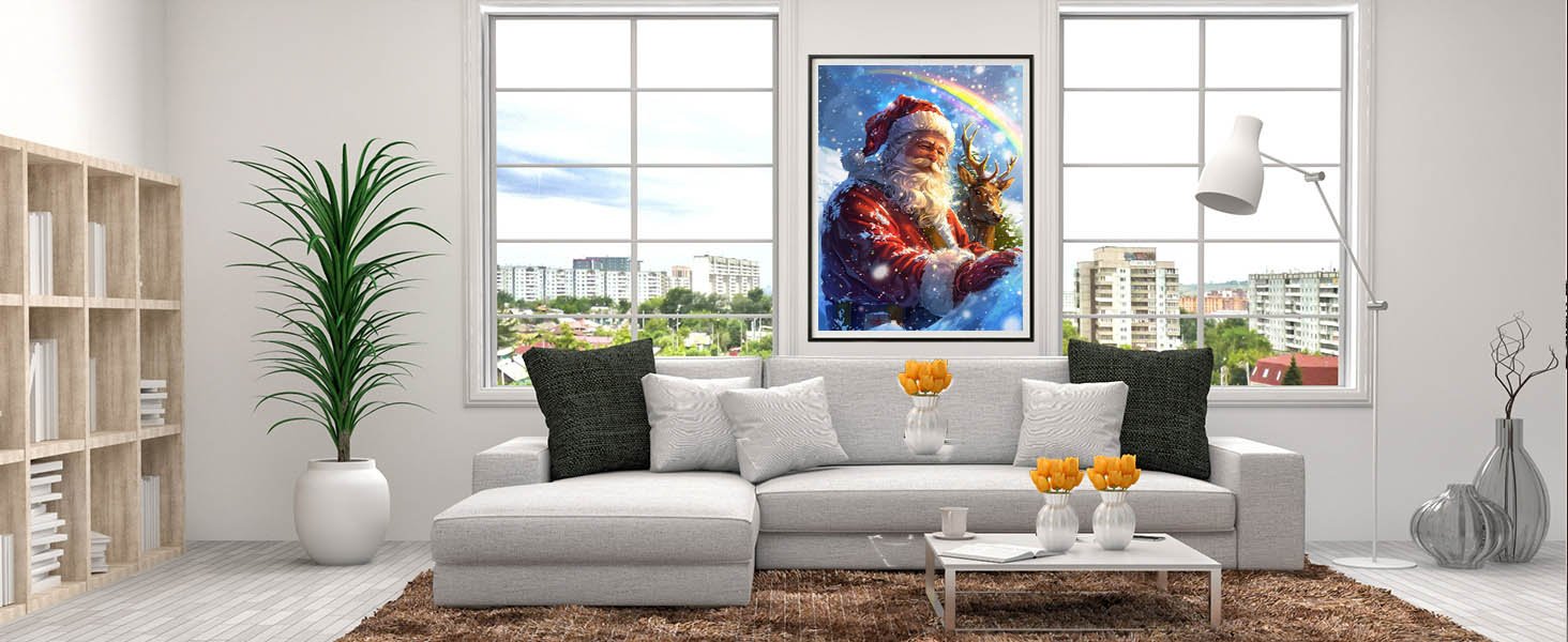 Living room scene with a framed painting of Santa Claus and a reindeer hanging above a sofa.