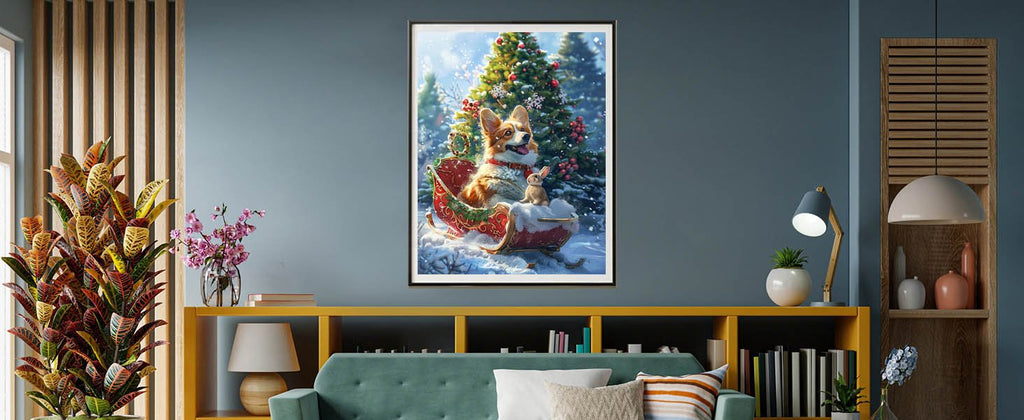 Christmas painting of a corgi dog and a rabbit in a sleigh with a decorated tree in the snow