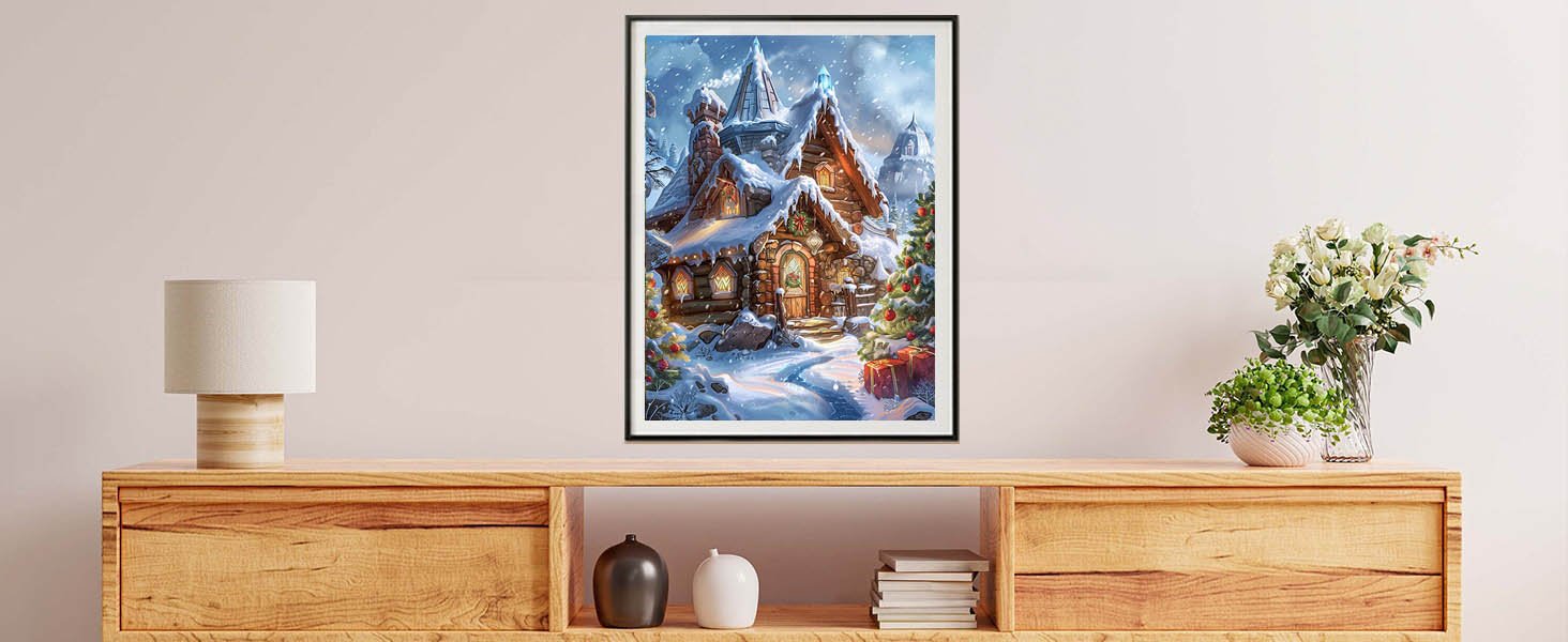 Framed paint by numbers canvas depicting a cozy, snow-covered cabin with a Christmas tree and presents.
