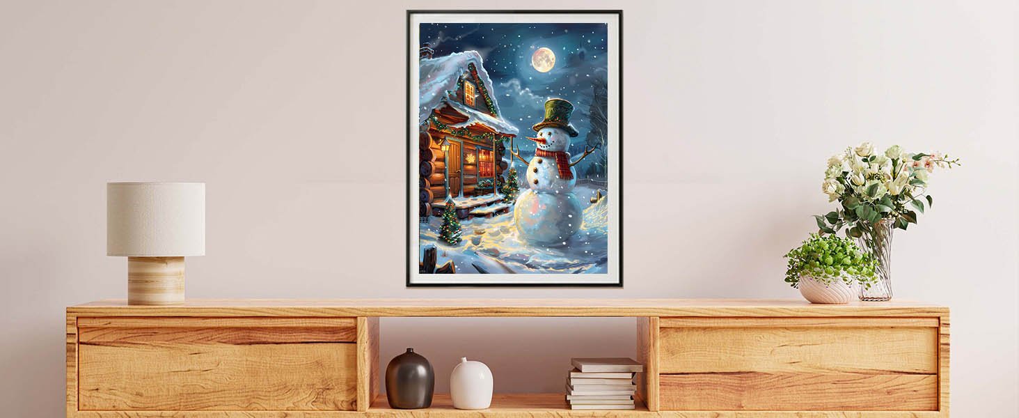 Paint by numbers canvas showing a snowman in front of a log cabin on a snowy night.