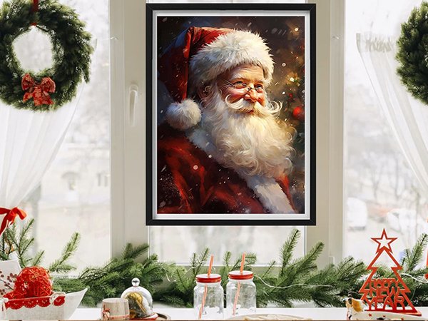 Framed paint by numbers artwork of Santa Claus hanging in a window with Christmas decorations