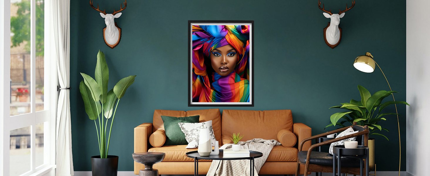 Framed vibrant portrait of a woman with a colorful headwrap and bold blue eye makeup, displayed above a sofa in a living room setting.