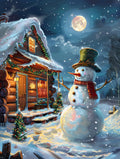 Snowman and log cabin in a snowy landscape under a full moon, Christmas lights on trees and house.
