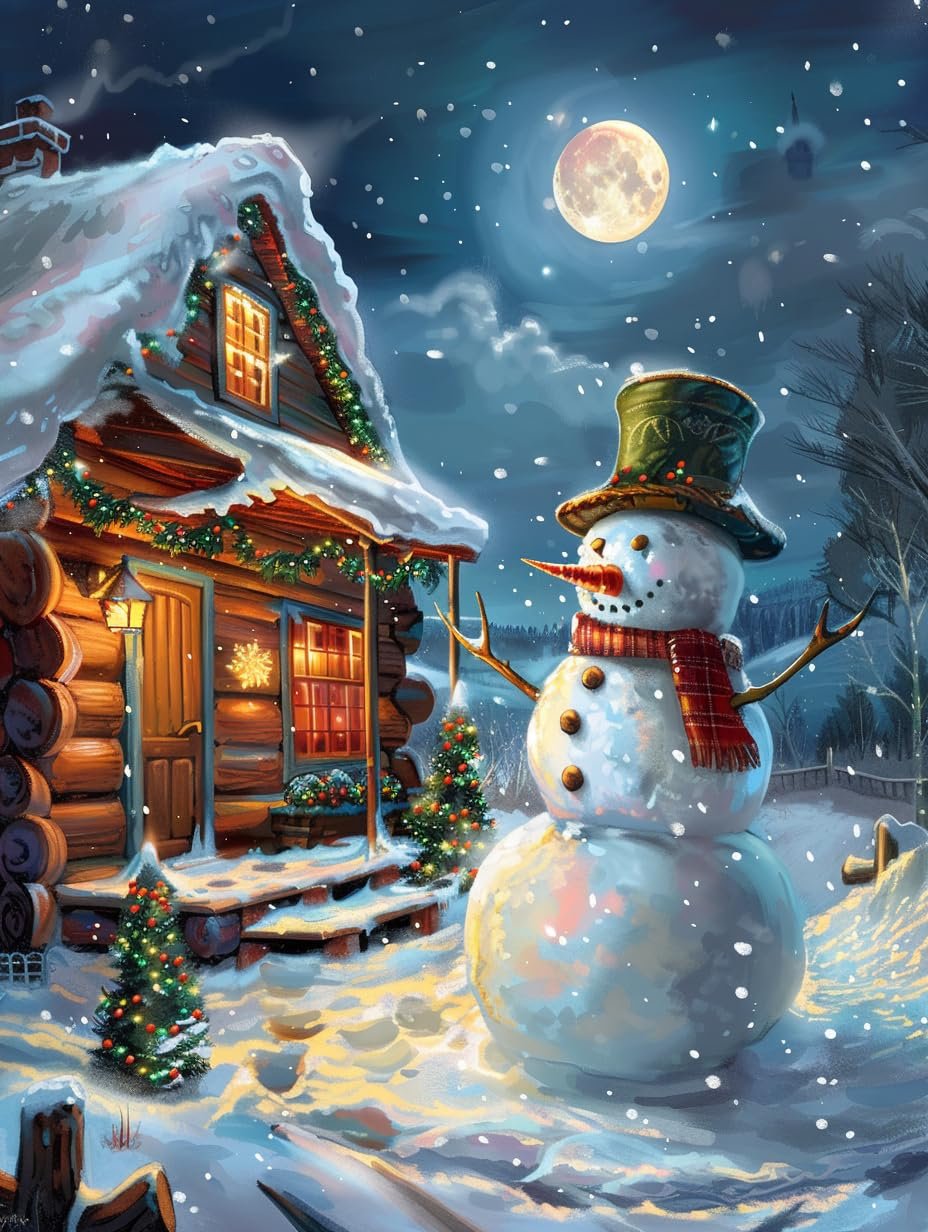 Snowman and log cabin in a snowy landscape under a full moon, Christmas lights on trees and house.