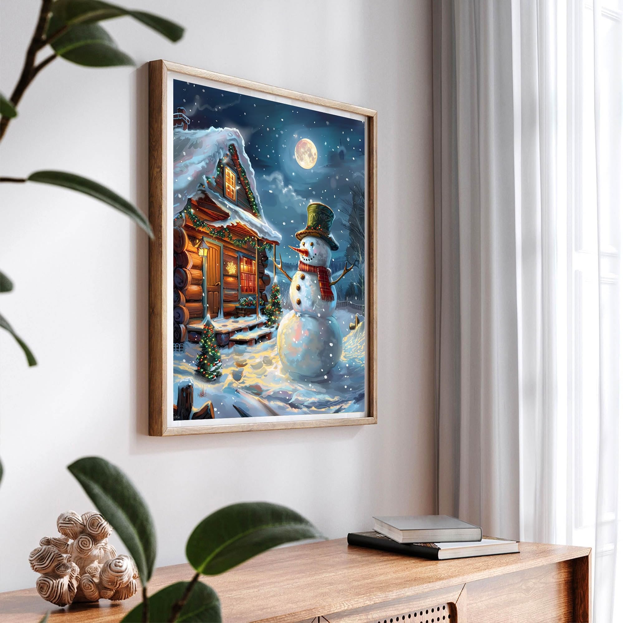 Framed paint by numbers artwork of a snowman and log cabin on a snowy night with a full moon.