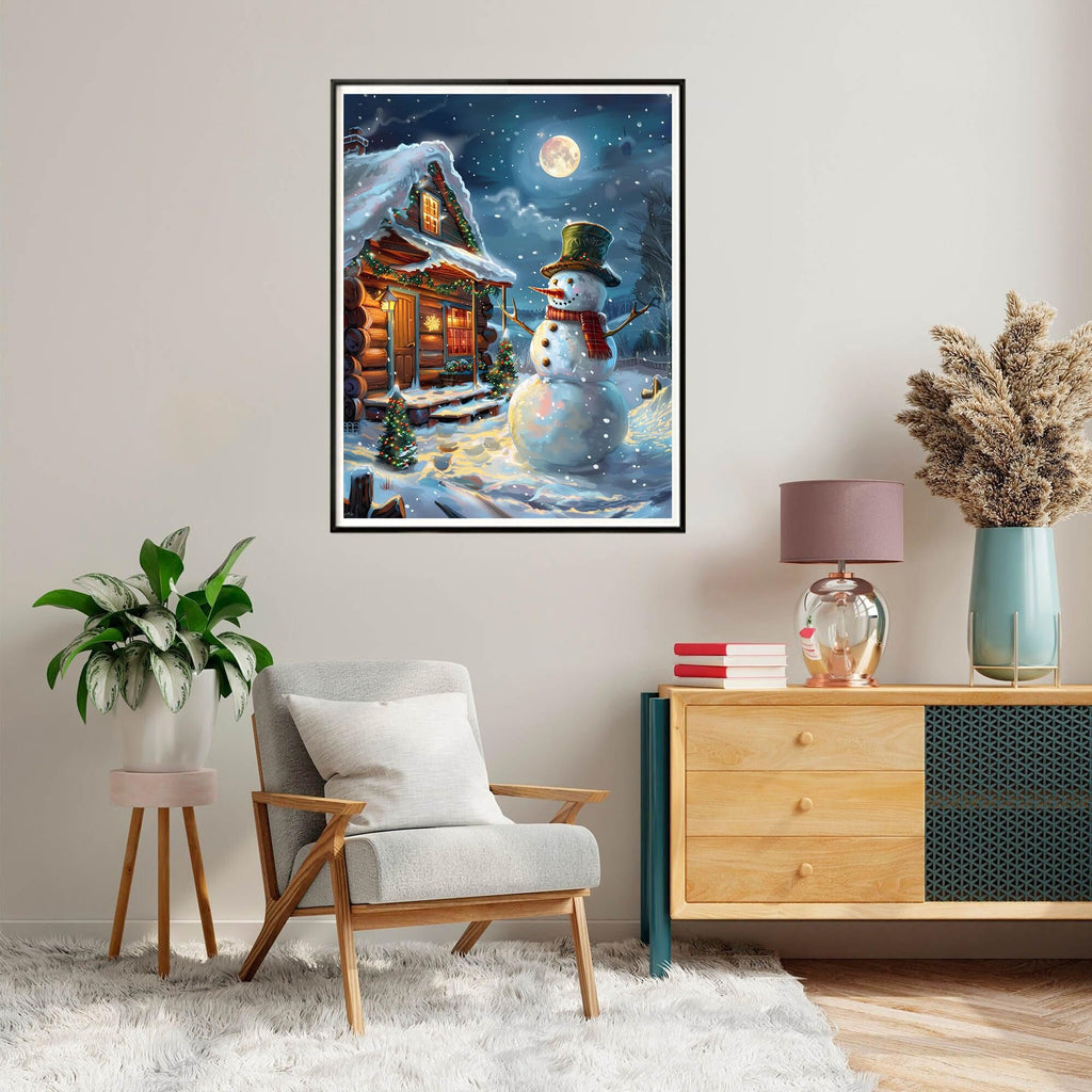 16x20 inch paint by numbers kit featuring a snowman and log cabin in a snowy night scene