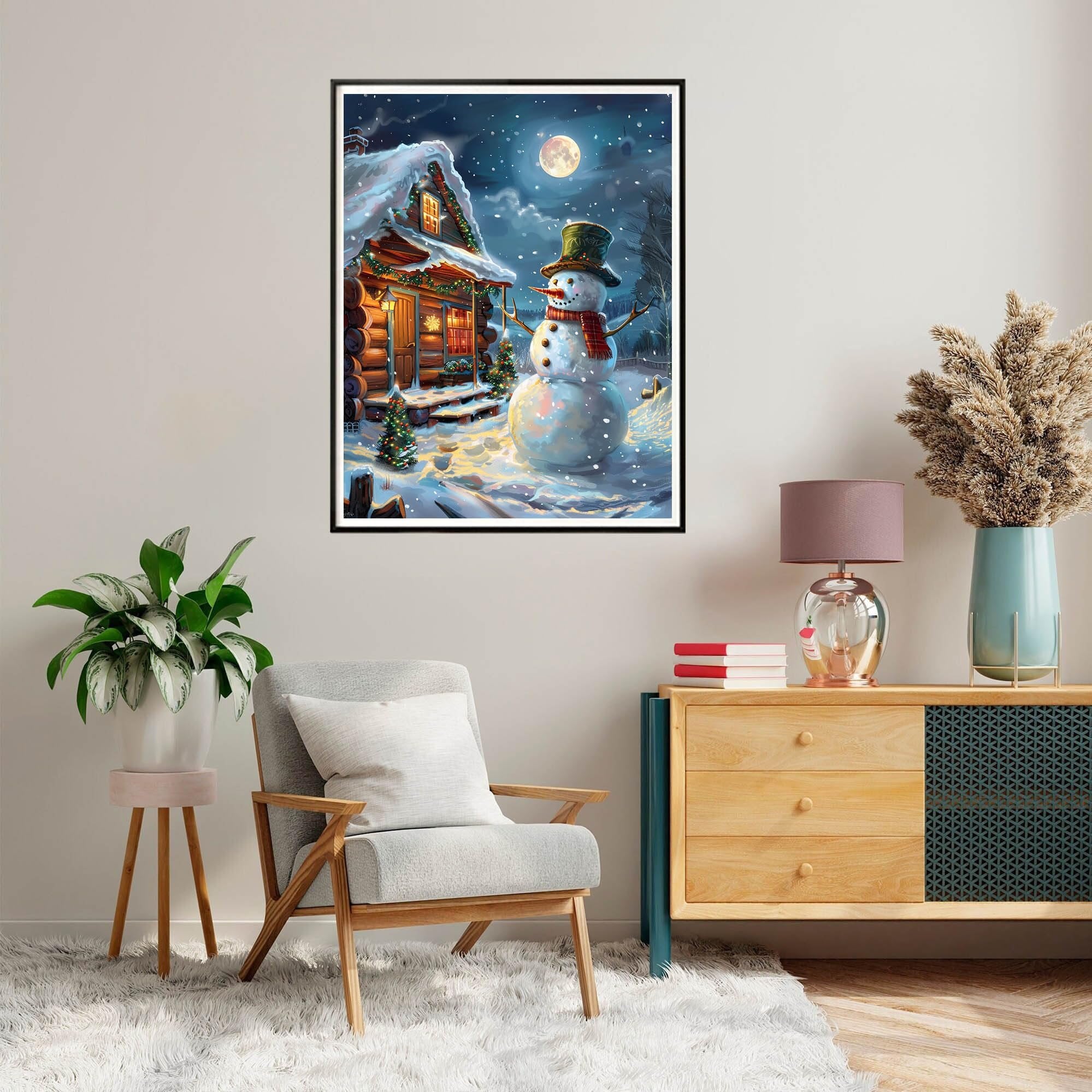 16x20 inch paint by numbers kit featuring a snowman and log cabin in a snowy night scene