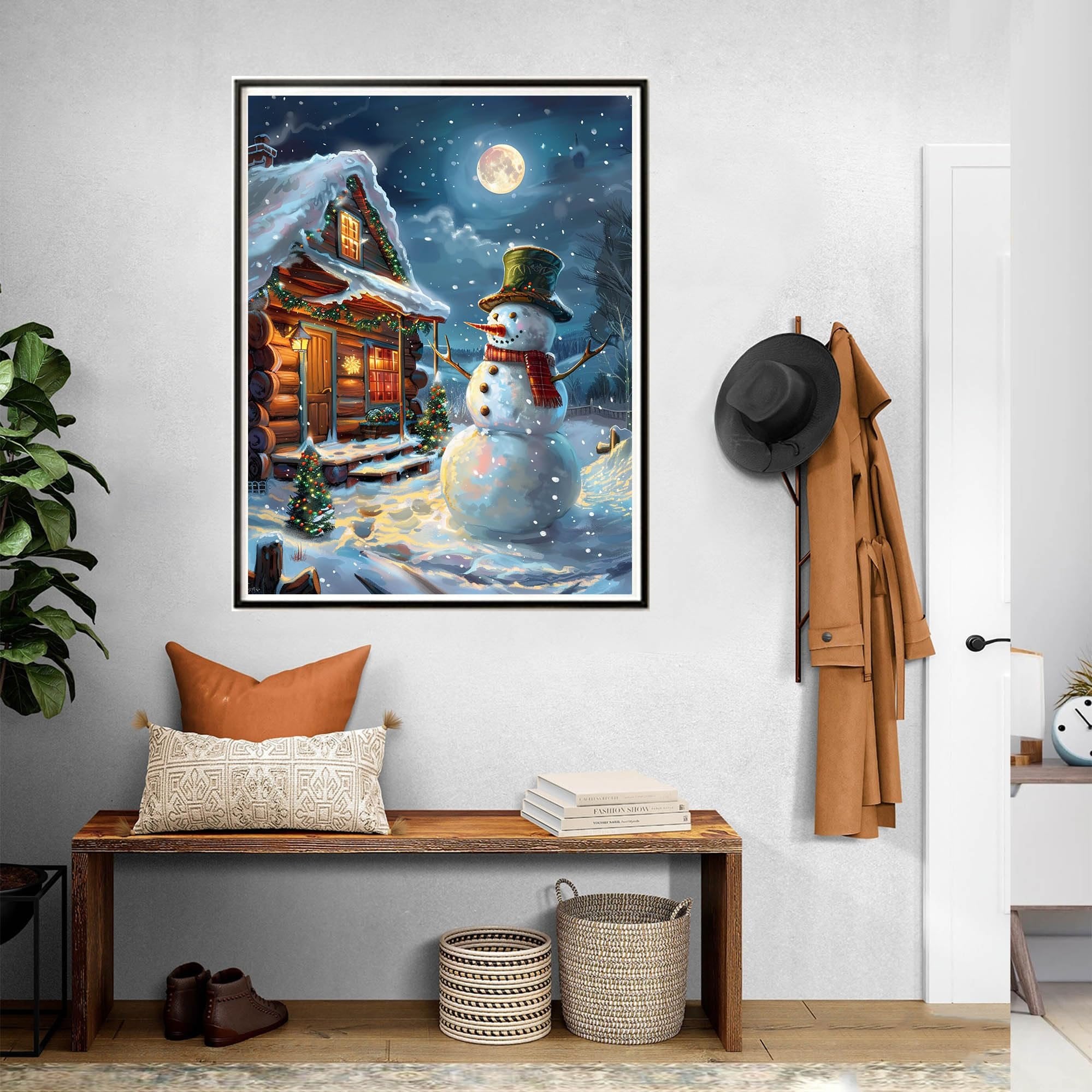 Paint by numbers artwork of a snowman and log cabin in a snowy landscape at night with a full moon.