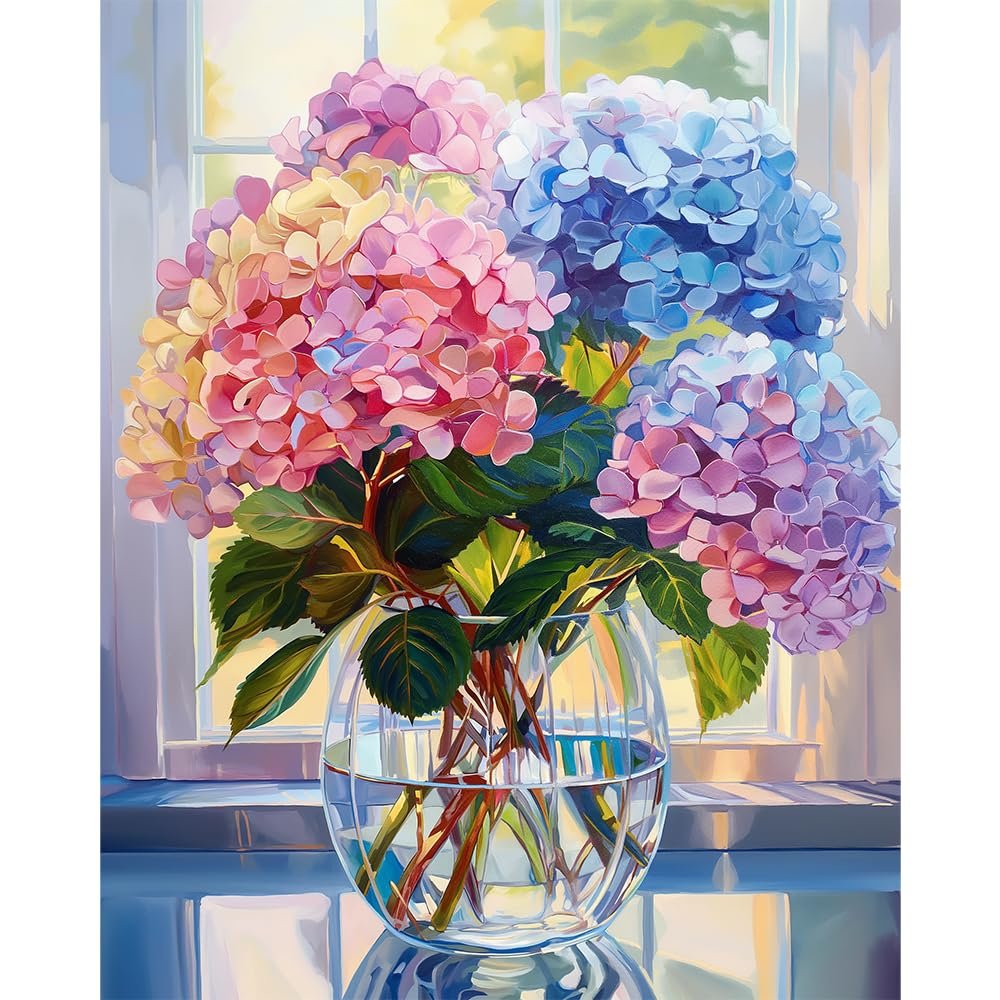 Paint by numbers kit featuring a bouquet of colorful hydrangeas in a glass vase on a windowsill.