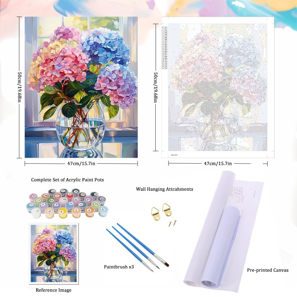 Paint by numbers kit showing a finished painting of hydrangeas in a vase, numbered canvas, acrylic paints, brushes, and hanging hardware.