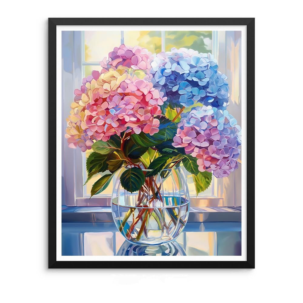 Paint by numbers artwork of colorful hydrangeas in a glass vase on a windowsill.