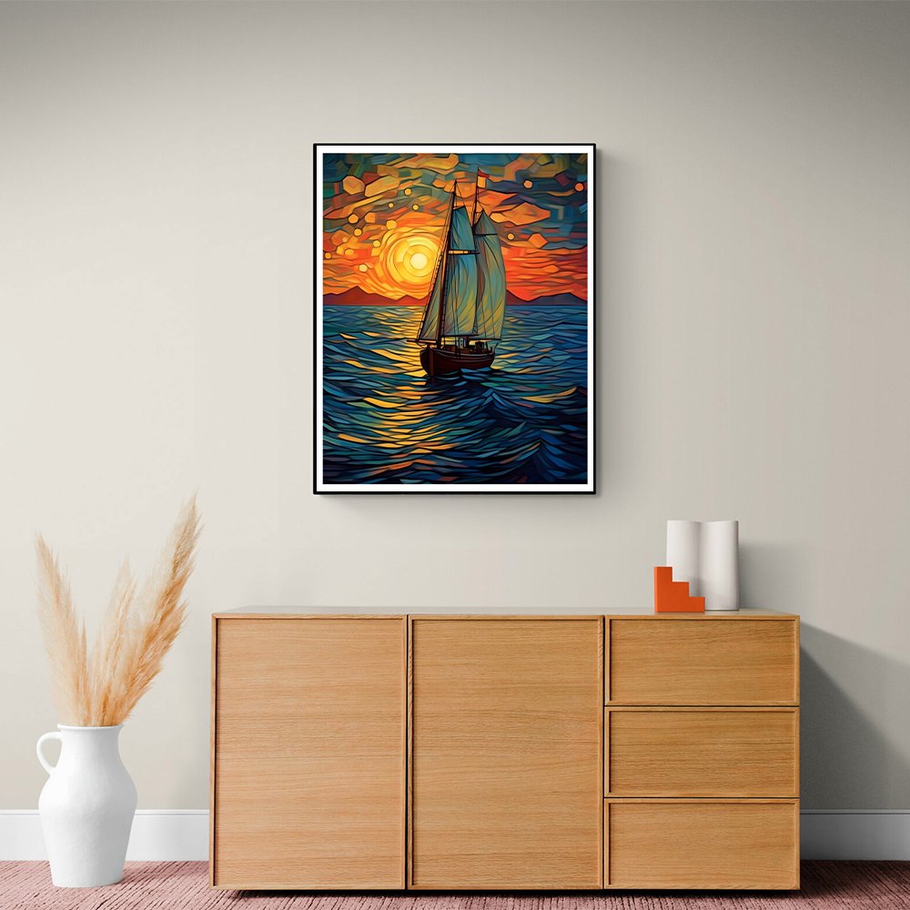 Framed sailboat painting hanging above a wooden cabinet with decorative vases.