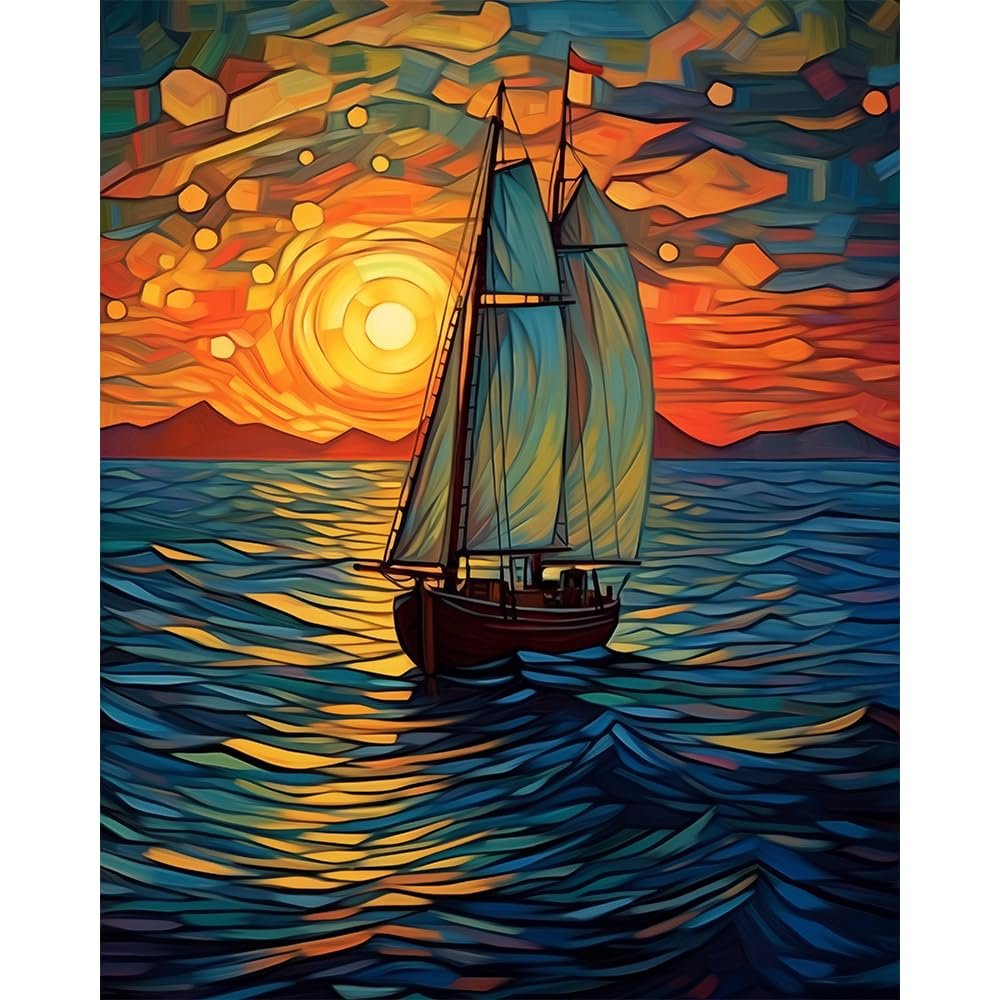 Paint by numbers canvas showing a sailboat on the ocean at sunset with colorful abstract sky and water.