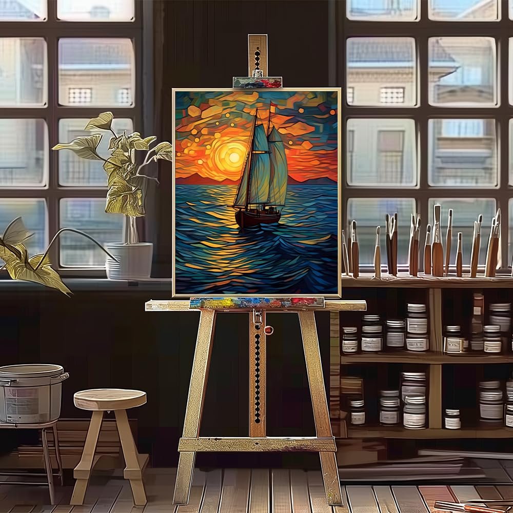 Paint by numbers canvas of a sailboat at sunset on the ocean, displayed on an easel in an art studio.