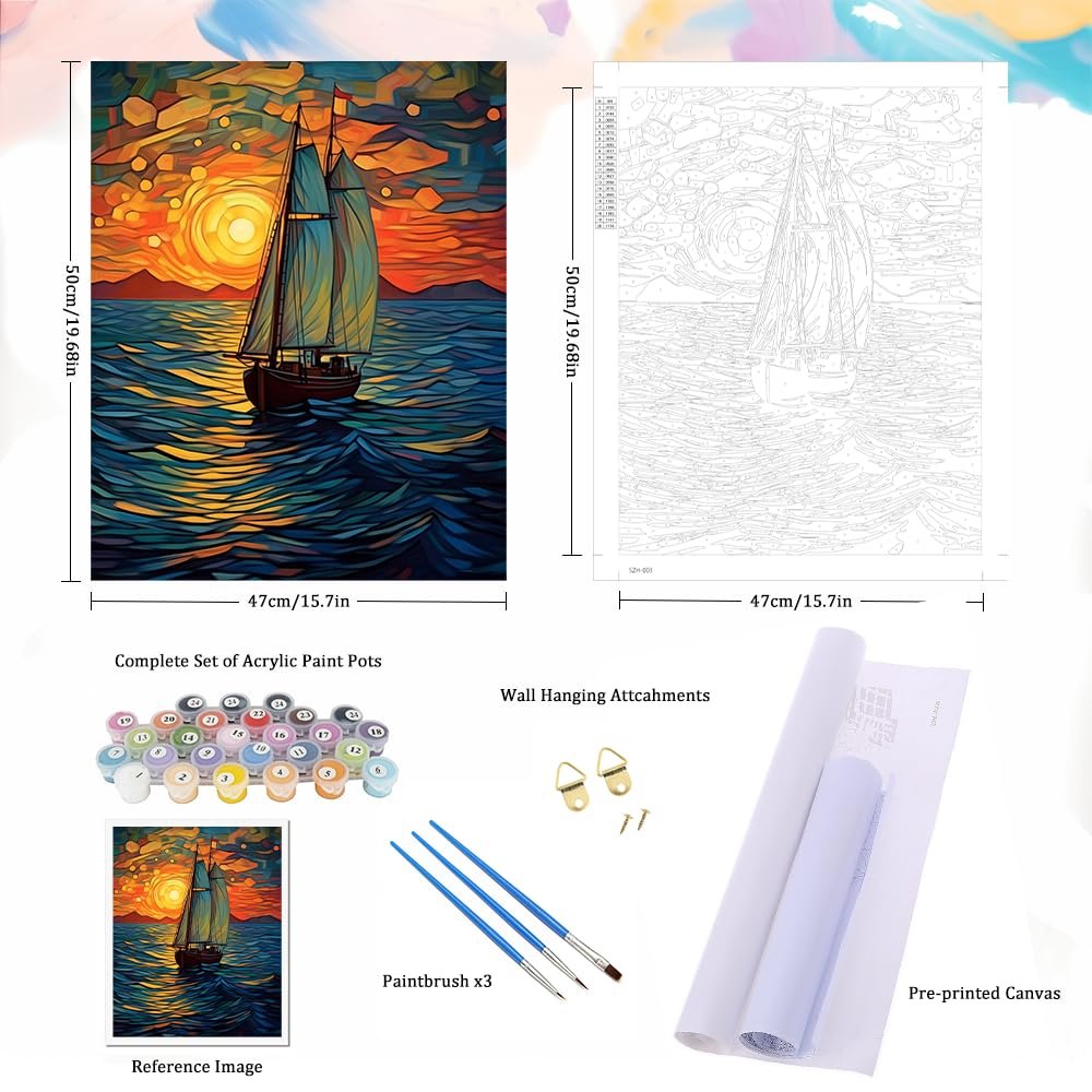 Paint by numbers kit contents including a vibrant sailboat sunset painting, numbered canvas, acrylic paint pots, brushes, and wall hanging hardware.