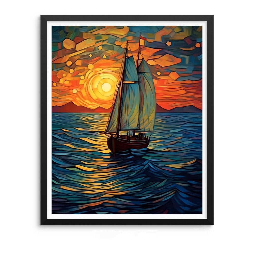 Paint by numbers artwork of a sailboat on the ocean at sunset, with vibrant orange and blue colors.