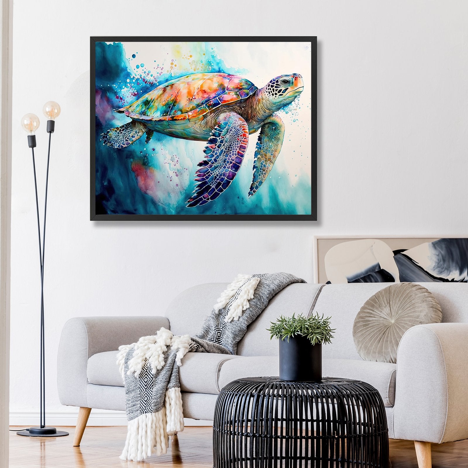 Colorful sea turtle painting hanging on a wall above a sofa in a living room setting.