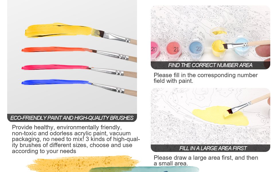 Paintbrushes with colorful paint strokes and instructions for a paint by number kit.