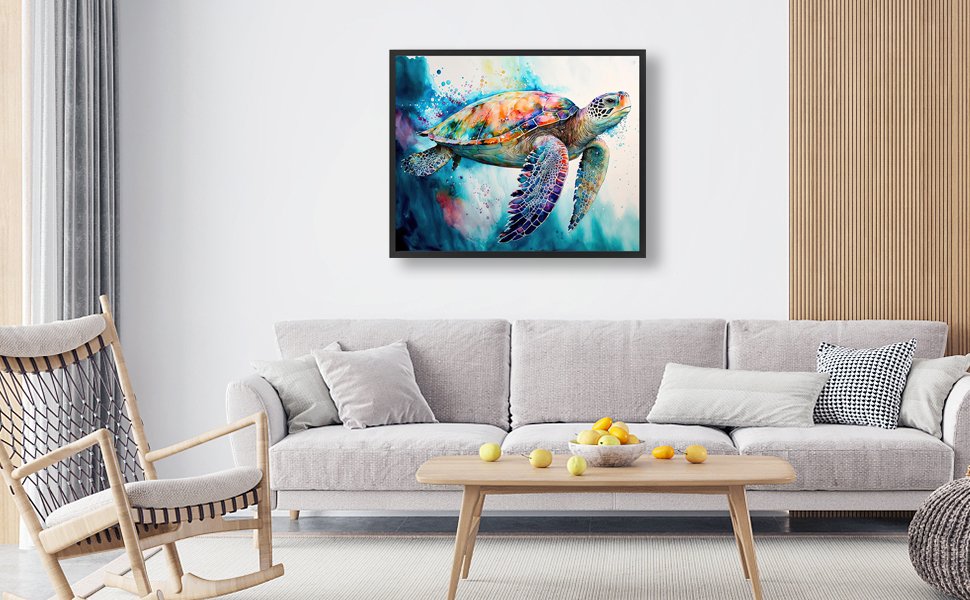 Colorful sea turtle painting displayed above a sofa in a living room setting.