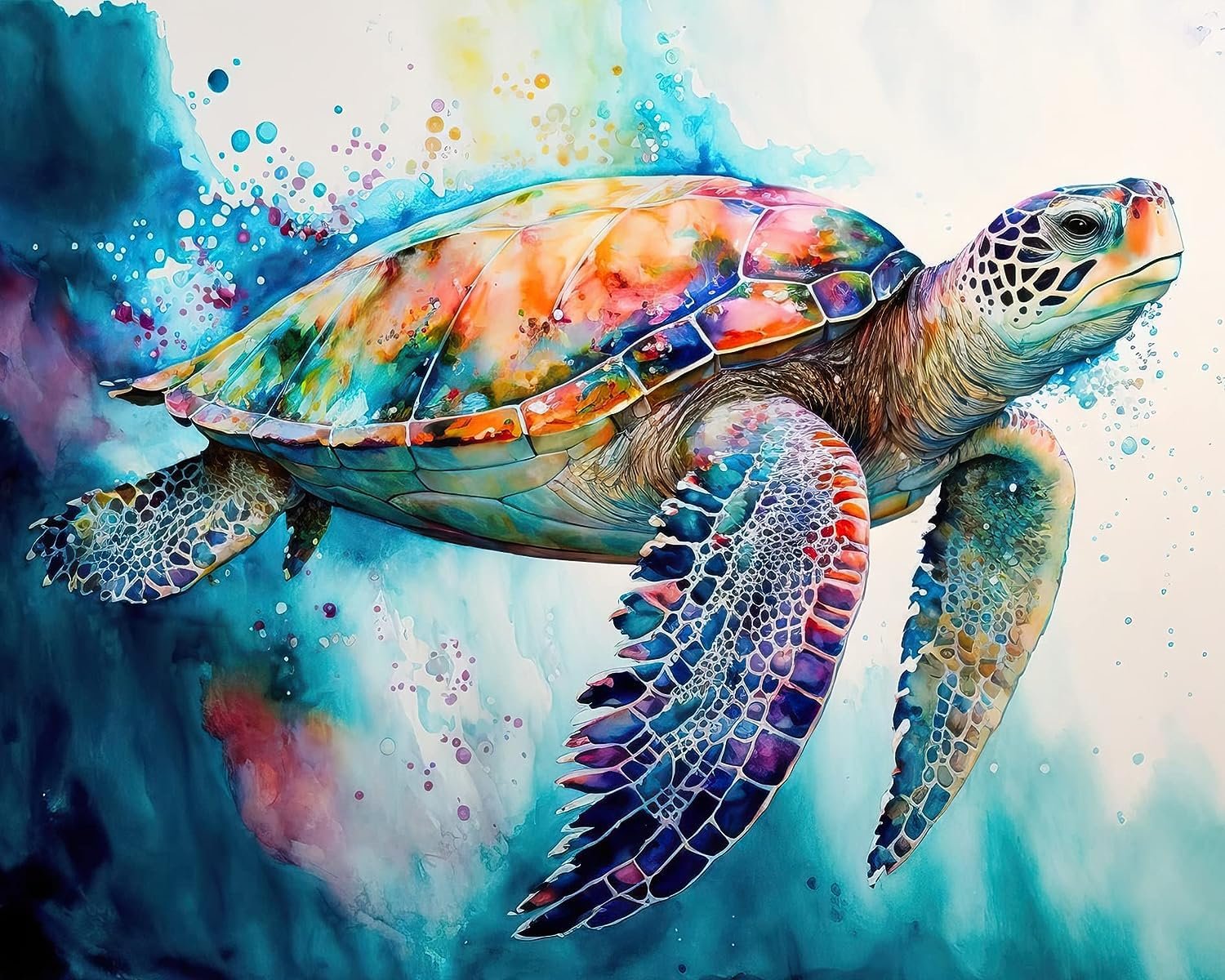 Colorful sea turtle swimming underwater with abstract blue and white background